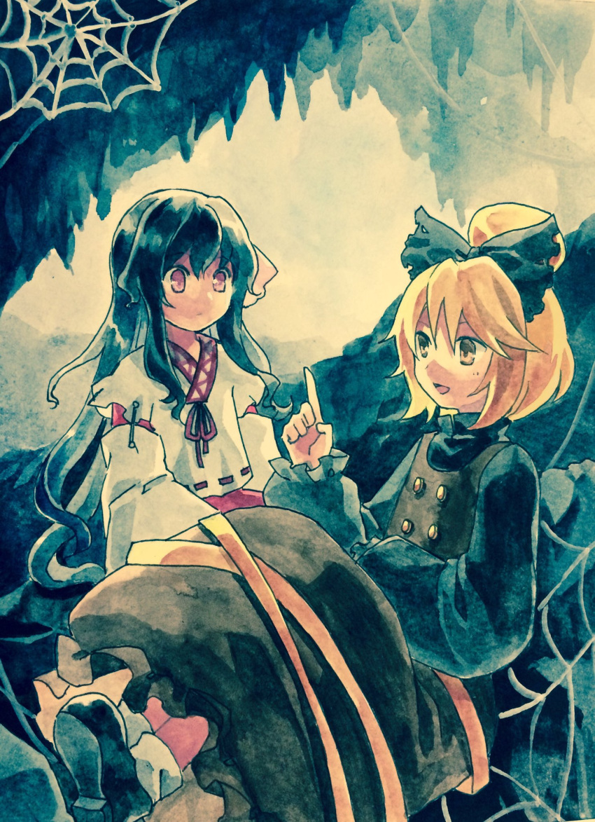 2girls, black_bow, black_footwear, black_hair, black_shirt, blonde_hair, bow, brown_dress