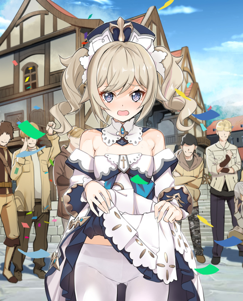 1girl, 6+boys, barbara_(genshin_impact), bow, bowtie, building, clothes_lift, cowboy_shot