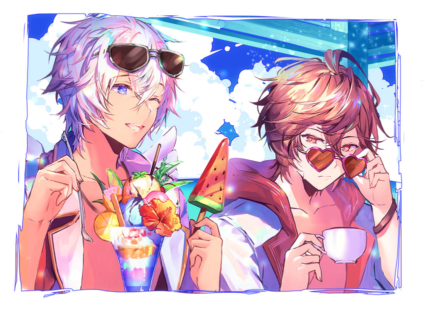 2boys, banned_artist, blue_eyes, border, bracelet, brown_eyes, brown_hair, clouds, collarbone, commentary_request, cup, eyewear_on_head, flower, food, frown, granblue_fantasy, heart, heart-shaped_eyewear, hibiscus, holding, holding_cup, holding_spoon, hood, hooded_jacket, ice_cream, jacket, jewelry, kyujusan, lucio_(granblue_fantasy), male_focus, multiple_boys, one_eye_closed, open_clothes, open_jacket, open_mouth, outdoors, popsicle, sandalphon_(granblue_fantasy), short_hair, smile, spoon, sundae, sunglasses, teacup, upper_body, watermelon_bar, white_border, white_hair, wings