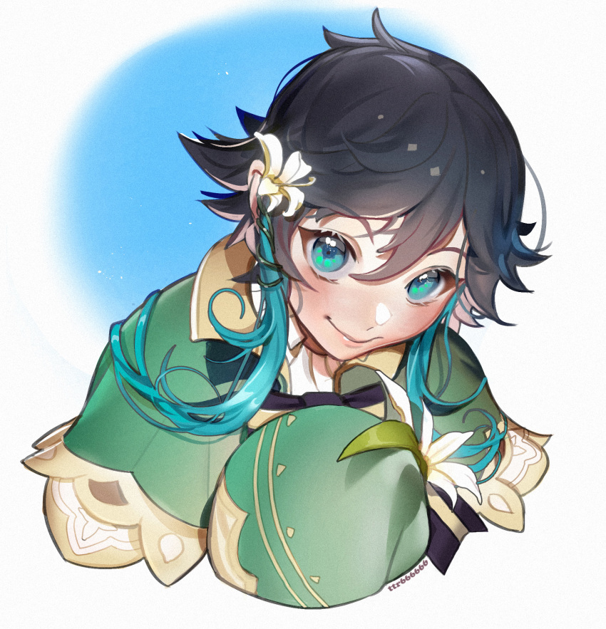 666666ttr, aqua_eyes, beret, black_hair, flower, genshin_impact, hair_flower, hair_ornament, hat, hat_removed, headwear_removed, highres, multicolored_hair, portrait, russian_commentary, simple_background, smile, solo, upper_body, venti_(genshin_impact)