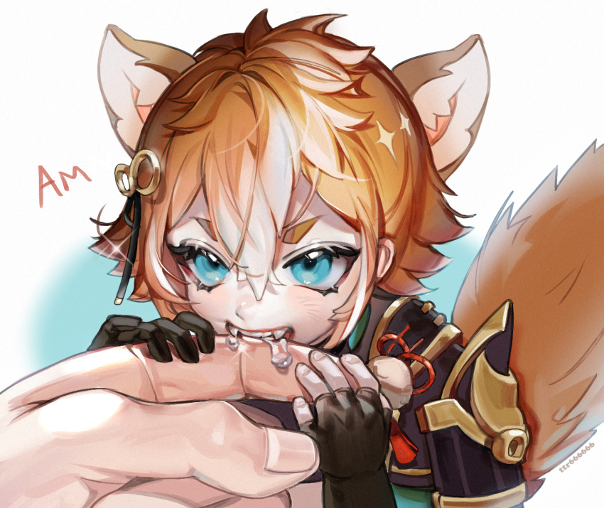 1boy, 666666ttr, armor, artist_name, biting, blue_eyes, brown_hair, commentary