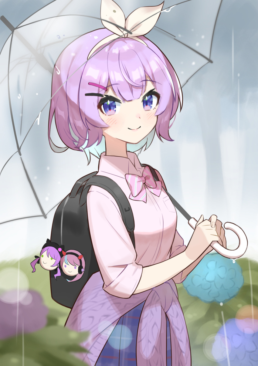 1girl, absurdres, backpack, bag, bangs, black_bag, blue_skirt, blunt_bangs