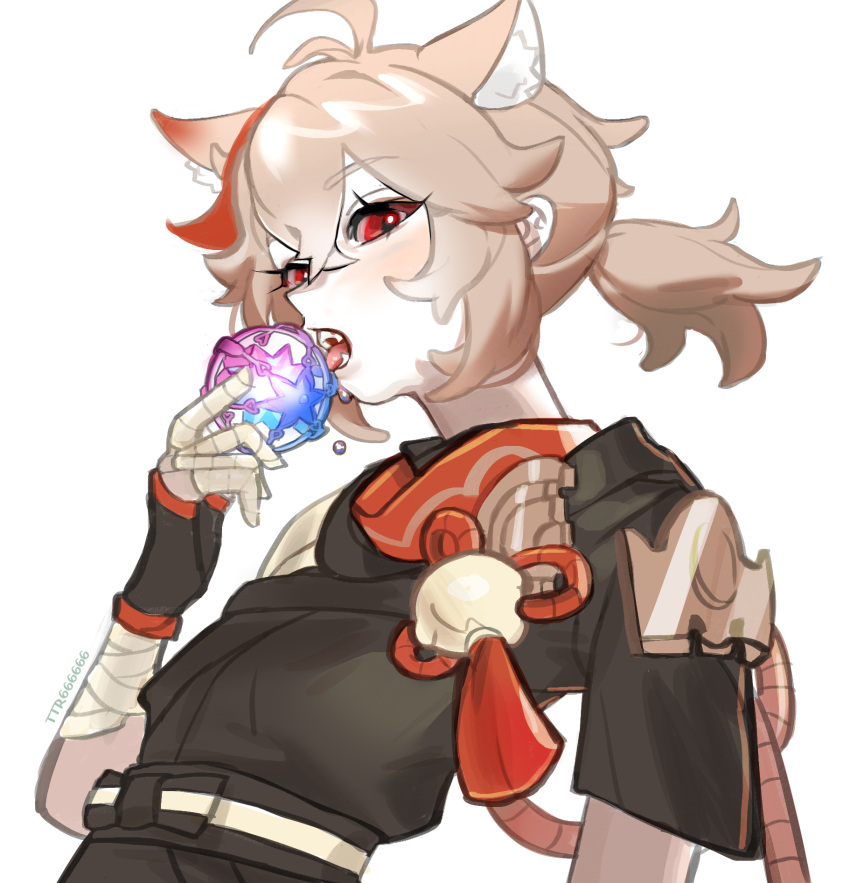 1boy, 666666ttr, ahoge, animal_ears, artist_name, bandaged_hand, bandages, fangs