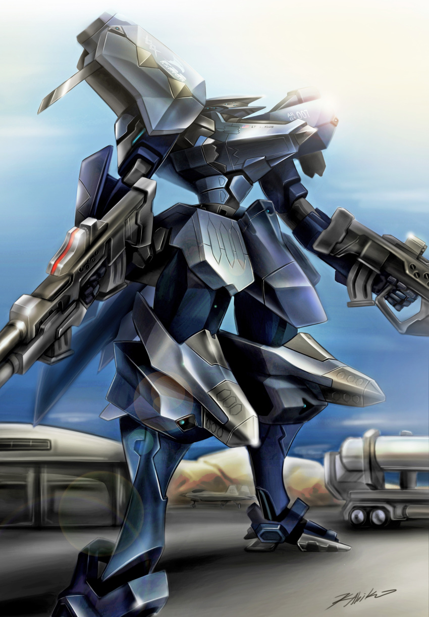 absurdres, aircraft, airplane, american_flag, blue_eyes, dual_wielding, extra_eyes, f-22_raptor, f-22a_raptor_(muvluv), fighter_jet, gun, highres, holding, holding_gun, holding_weapon, jet, lens_flare, looking_up, mecha, military, military_vehicle, missile, moonshine_pizza, muvluv, muvluv_alternative, muvluv_total_eclipse, namesake, no_humans, science_fiction, signature, solo, tactical_surface_fighter, weapon