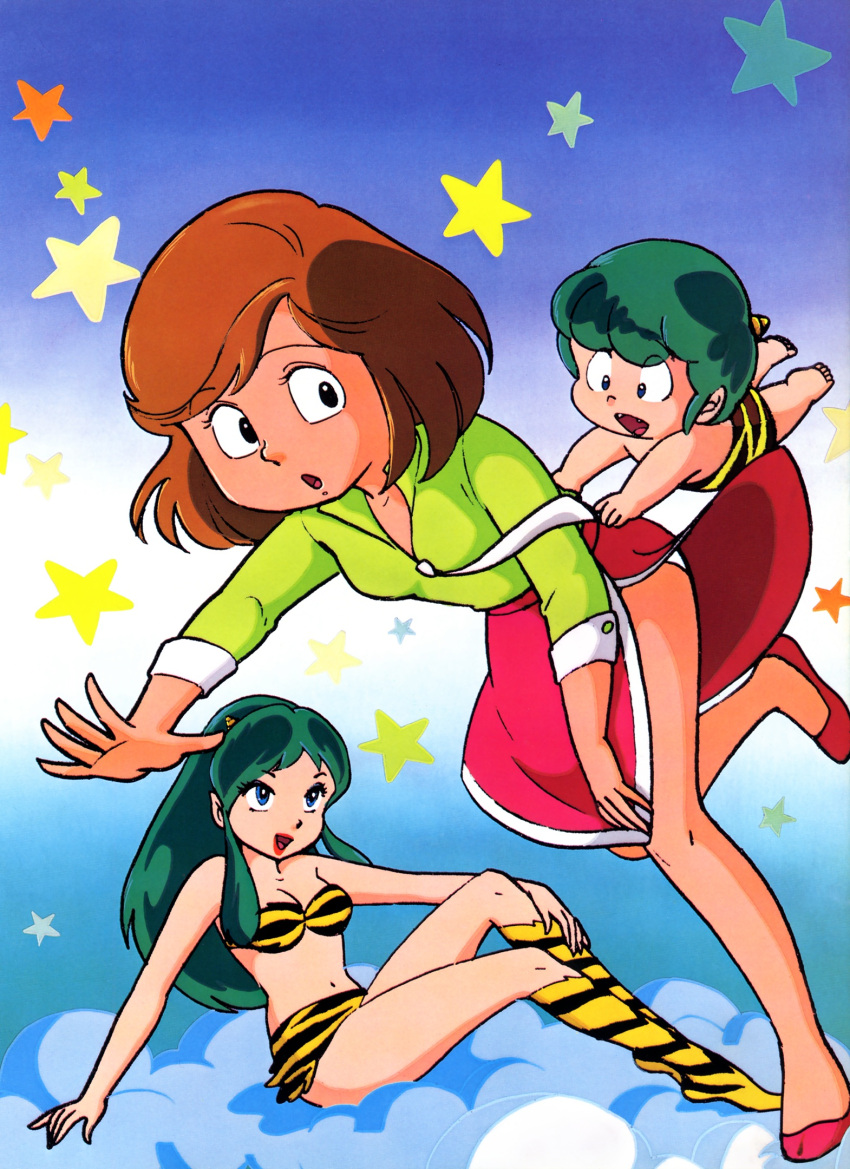 1boy, 2girls, animal_print, animedia, bikini, brown_hair, clothes_pull, green_hair