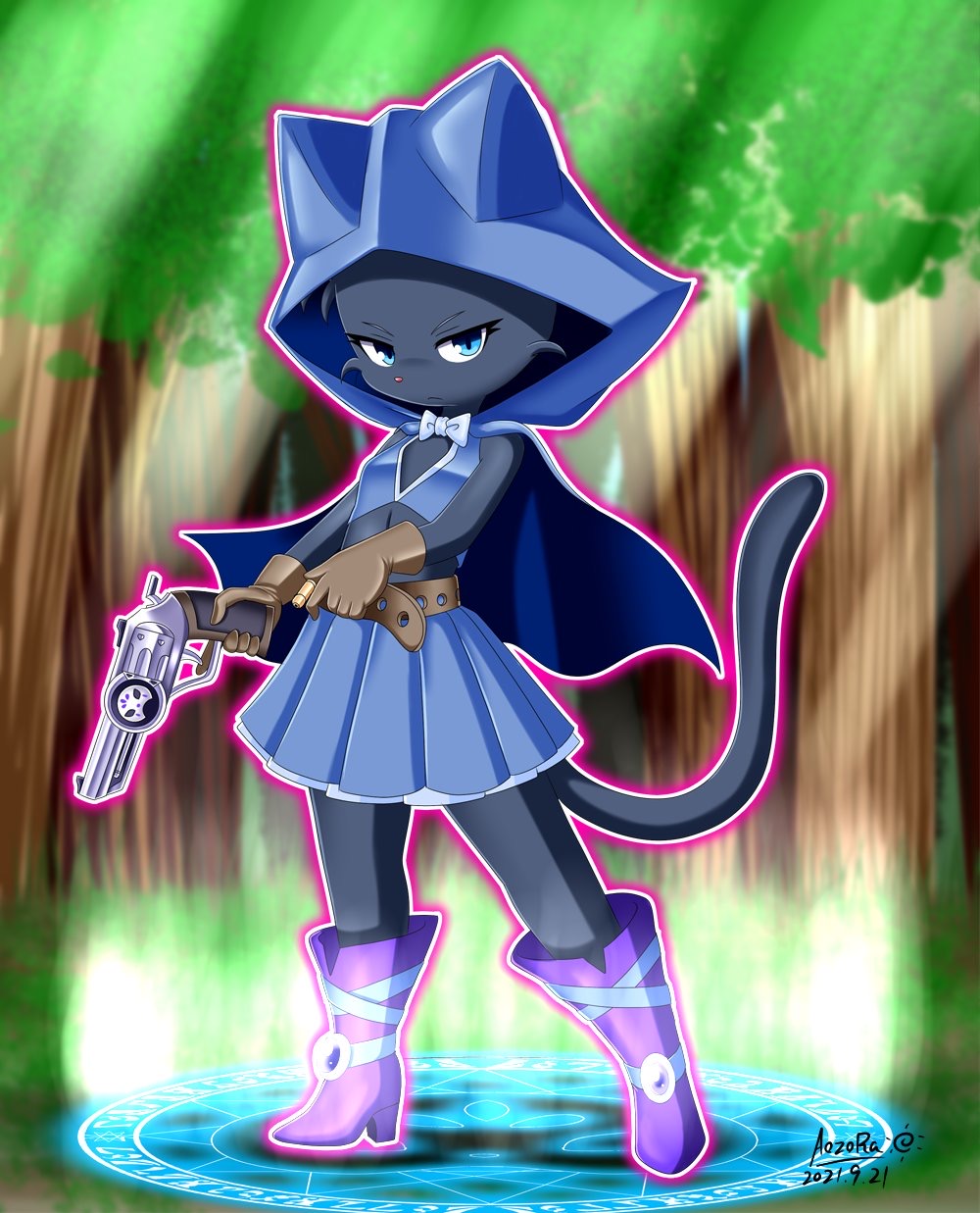 1girl, artist_name, belt, black_cat, blue_dress, blue_eyes, brown_gloves, cat
