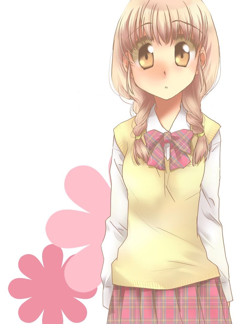 brown_eyes, brown_hair, hair_ribbon, highres, kapiko, ribbon, school_uniform, sweater_vest