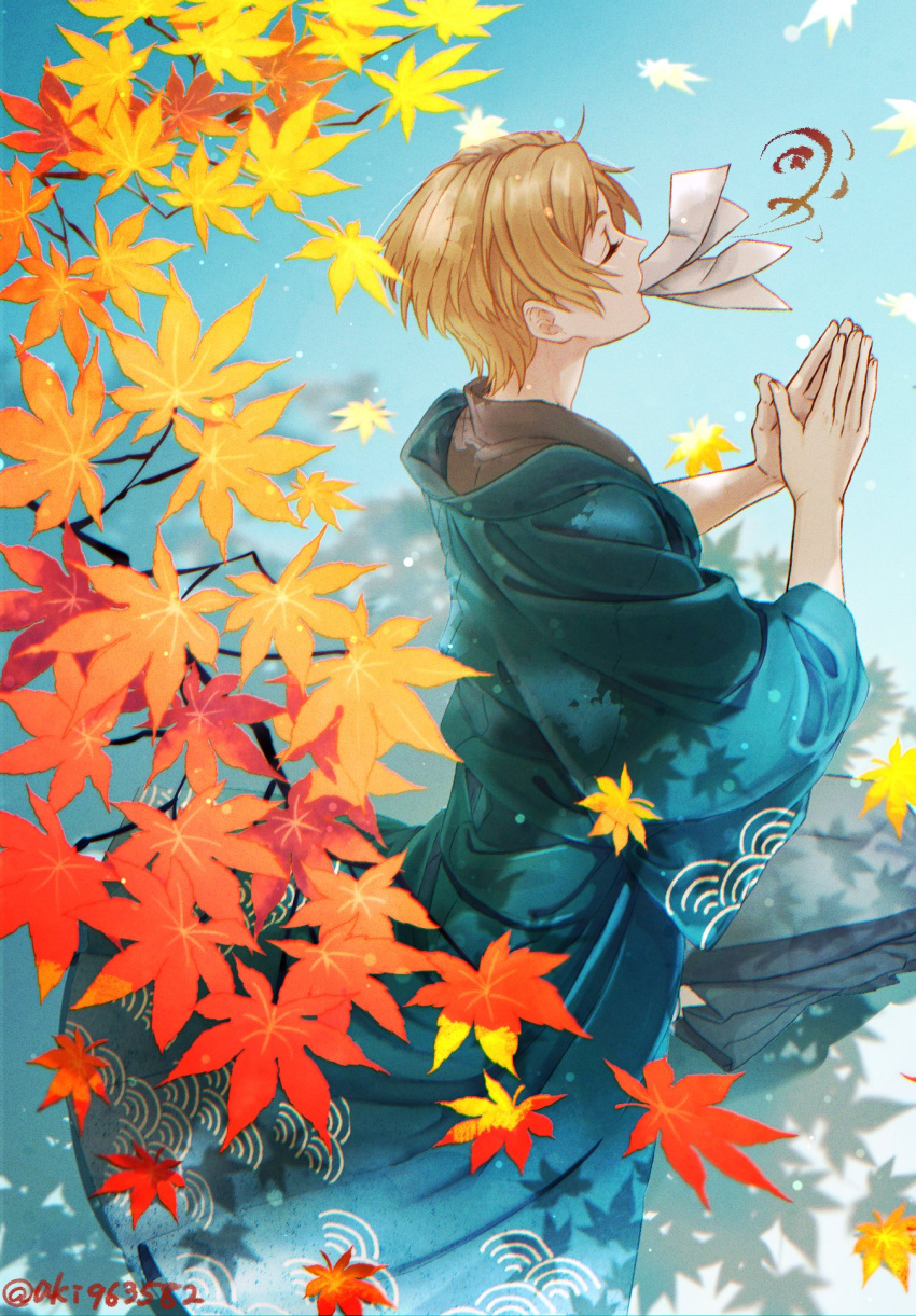 1boy, aki963852, autumn, autumn_leaves, blonde_hair, closed_eyes, highres, japanese_clothes