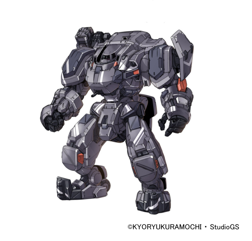 clenched_hand, code_beast, highres, mecha, no_humans, official_art, open_hand, sanbonzuno, science_fiction, solo, standing, turret, visor, white_background