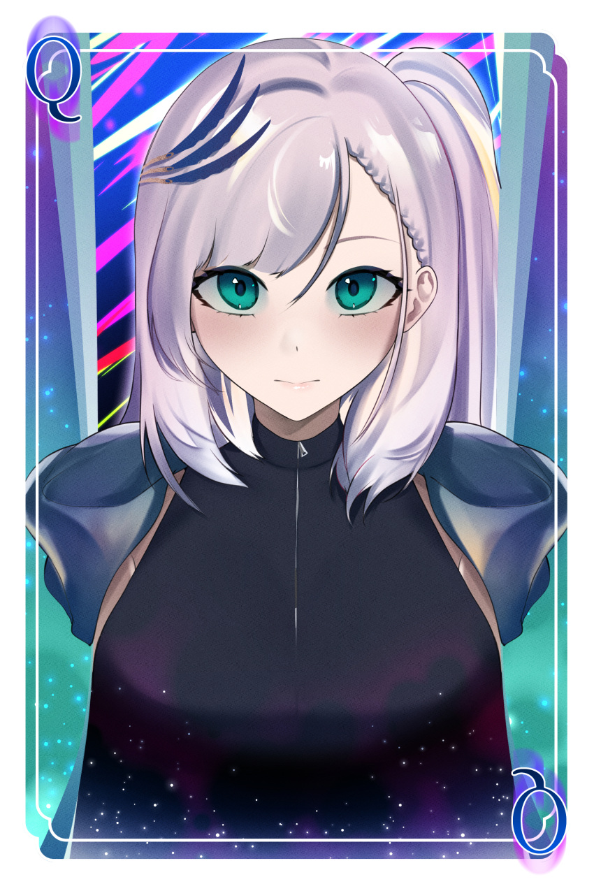 1girl, absurdres, bangs, blue_jacket, breasts, card, cosplay, english_commentary