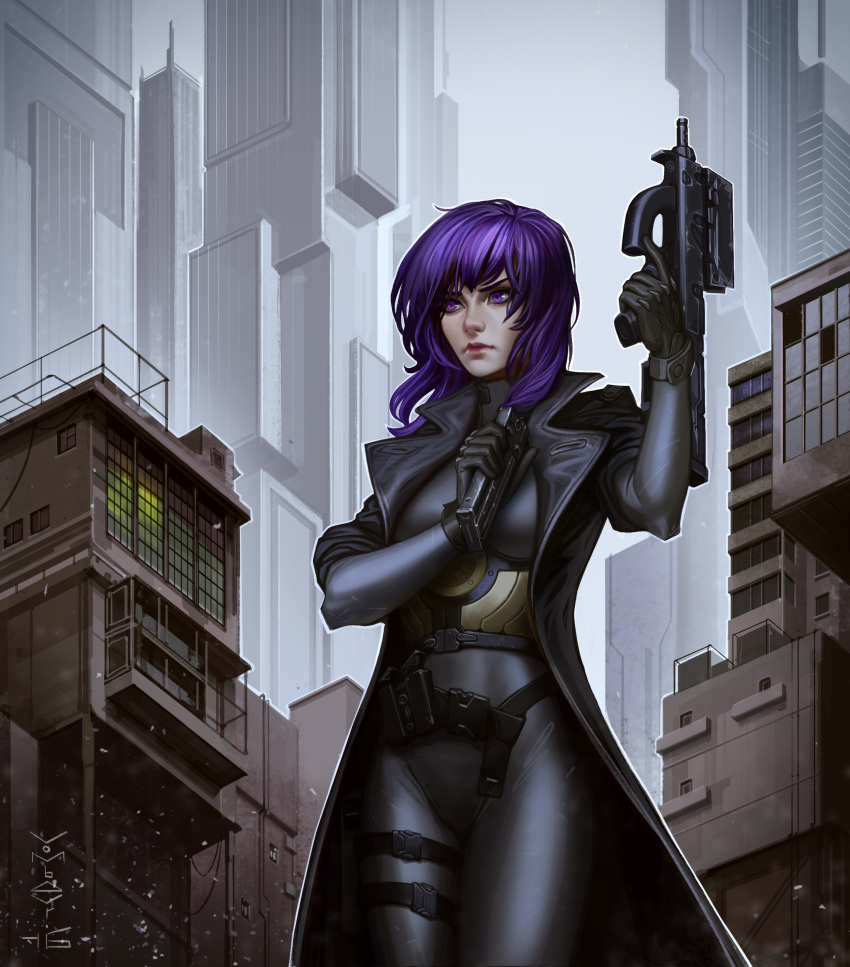 1girl, absurdres, black_bodysuit, black_jacket, bodysuit, breasts, building, ghost_in_the_shell