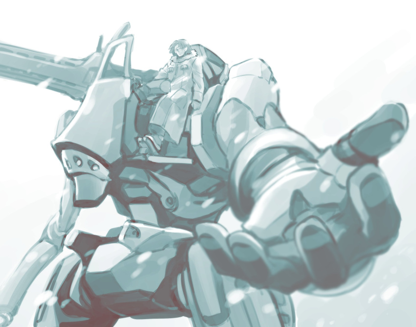 1boy, bangs, externally_piloted_mecha, floating_hair, gachico, gain_bijou, greyscale, headband