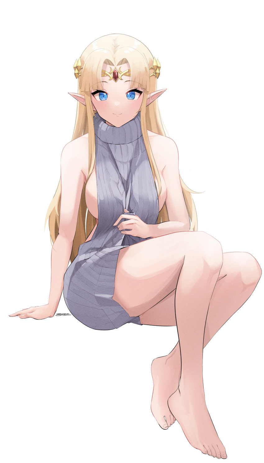 1girl, absurdres, arm_support, bangs, bare_arms, bare_legs, bare_shoulders, barefoot