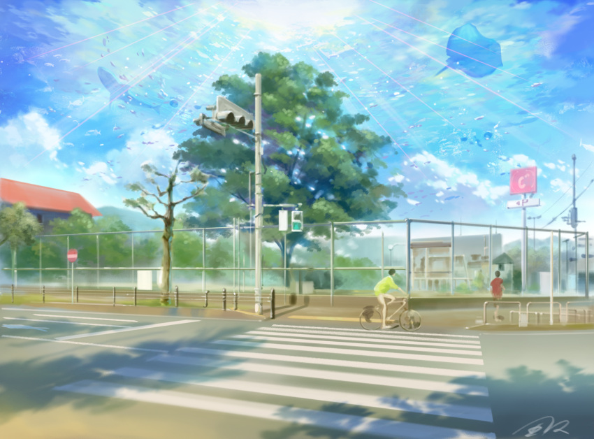 2boys, bicycle, bubble, building, cityscape, clouds, commentary_request, crosswalk