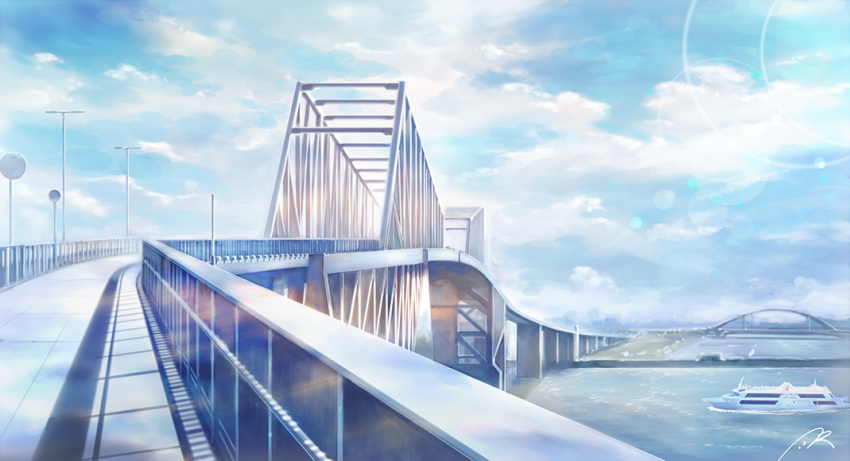 blue_sky, bridge, clouds, cloudy_sky, commentary_request, cruise_ship, day, lamppost