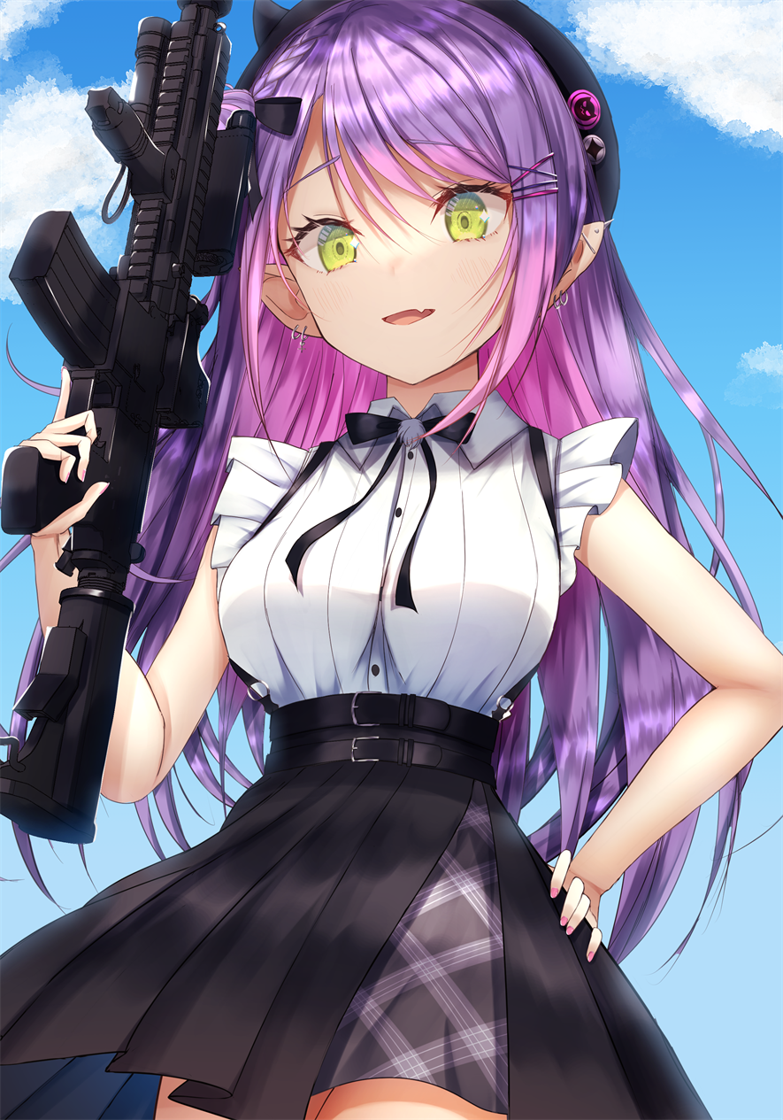 1girl, assault_rifle, bangs, barbell_piercing, bare_arms, belt, beret, black_bow