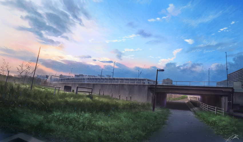 bridge, building, cityscape, clouds, commentary_request, fence, grass, highres
