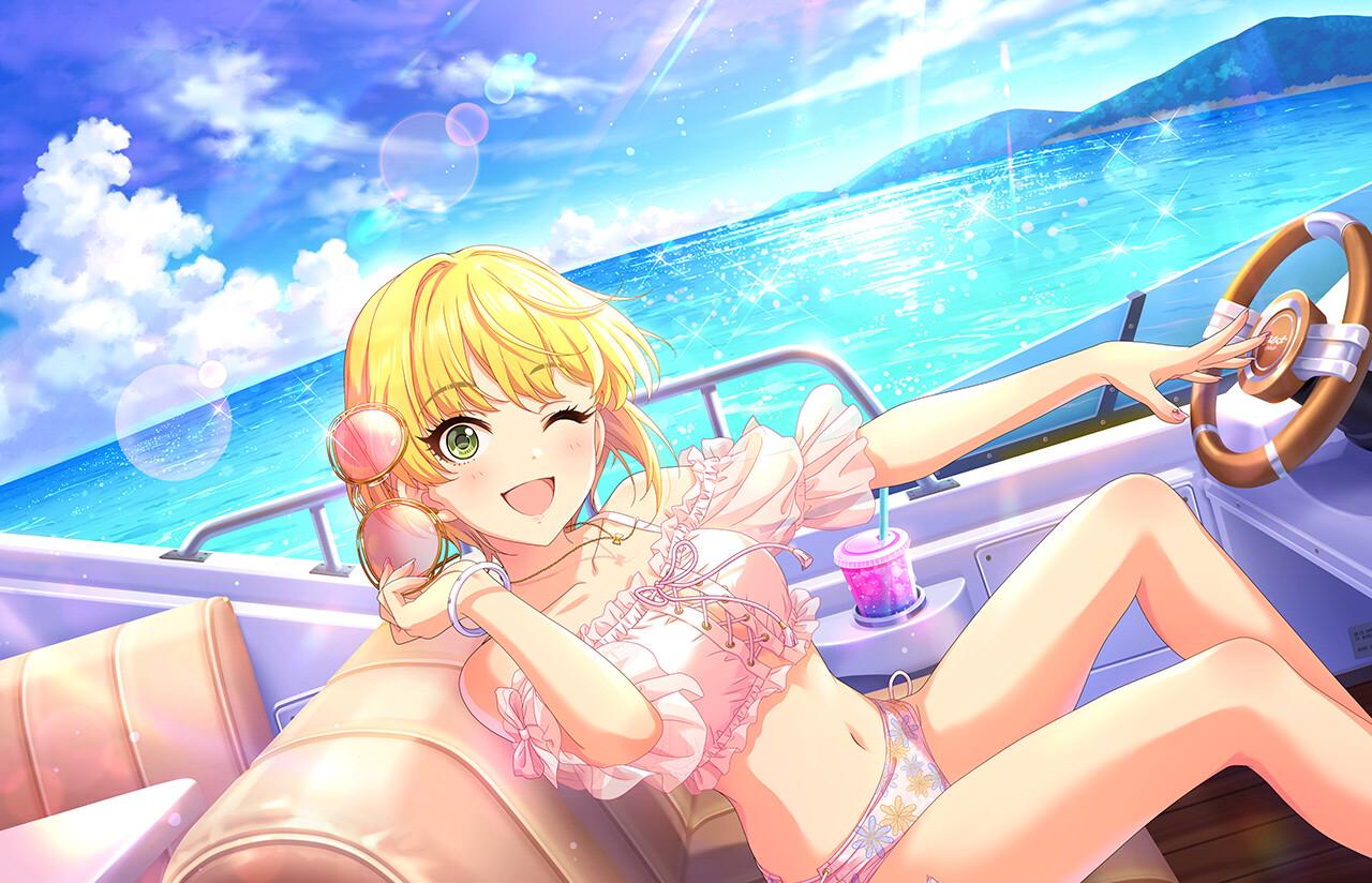 bare_legs, bikini, bikini_bottom, blonde_hair, blush, boat, bracelet, chair, clouds, collarbone, cub, cup_holder, drinking_straw, eyebrows_visible_through_hair, green_eyes, idolmaster, idolmaster_cinderella_girls, jewelry, lens_flare, miyamoto_frederica, mountain, navel, necklace, ocean, official_art, one_eye_closed, open_mouth, pink_shirt, pink_swimsuit, railing, reusable_cup, ribbon, shirt, sunglasses, swimsuit, table, water, watercraft, wooden_floor