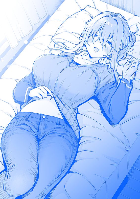 1girl, bangs, blue_theme, breasts, denim, getsuyoubi_no_tawawa, hair_over_eyes, himura_kiseki_(style), jeans, large_breasts, long_hair, lying, maegami-chan_(tawawa), midriff, mojarin_(kihara_mojarin), monochrome, open_mouth, pants