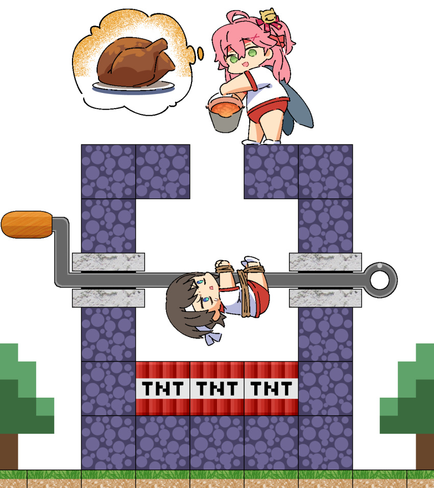 2girls, ahoge, aqua_eyes, bell, black_hair, bound, bucket, buruma, elytra, food, green_eyes, hair_bell, hair_ornament, headband, highres, hololive, minecraft, molten_rock, multiple_girls, one_side_up, oozora_subaru, pink_hair, rotisserie, sakura_miko, shirt, short_hair, t-shirt, tataki_tuna, thought_bubble, tied_up_(nonsexual), tnt, tree, turkey_(food), virtual_youtuber, x_hair_ornament