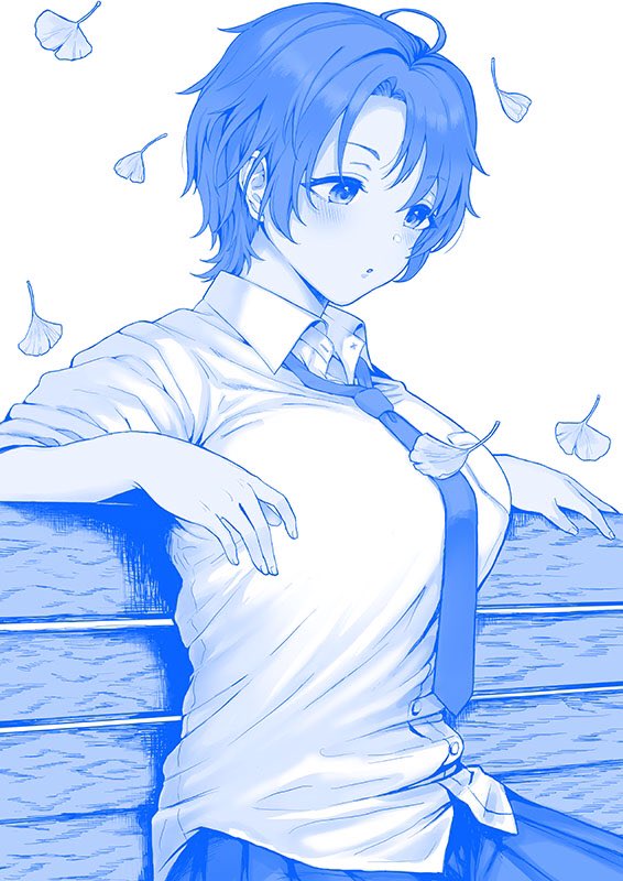 1girl, bench, blue_theme, blush, breasts, cherry_blossoms, getsuyoubi_no_tawawa, himura_kiseki_(style)
