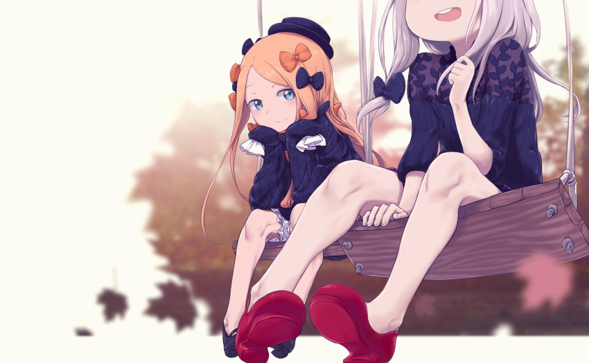 2girls, abigail_williams_(fate), absurdres, black_bow, blonde_hair, blue_eyes, blush, bow