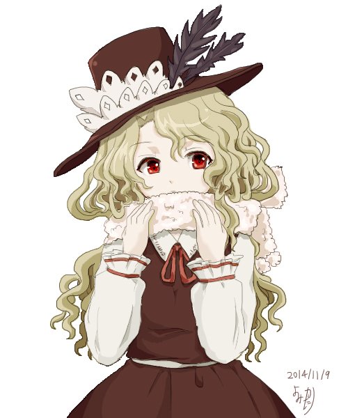 1girl, blonde_hair, brown_headwear, brown_skirt, brown_vest, eyebrows_visible_through_hair, frilled_hat, frills