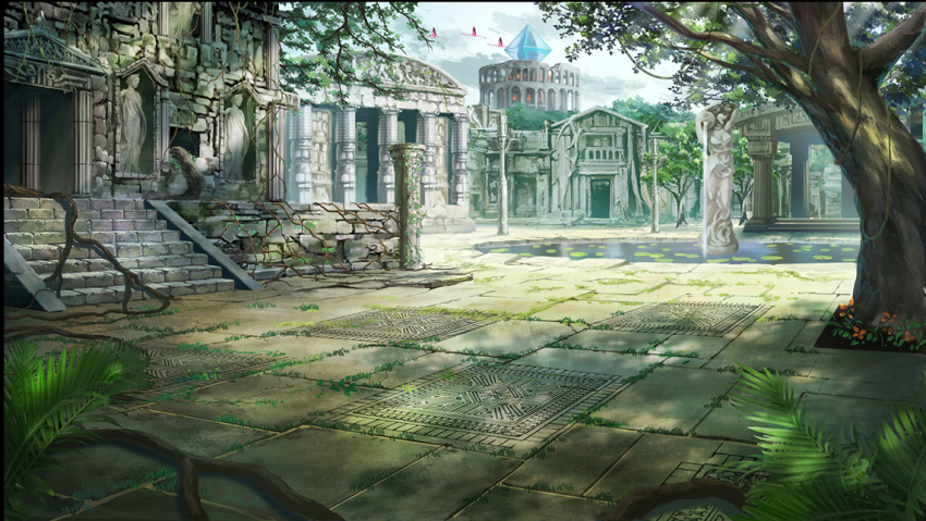 ancient, clouds, commentary_request, crystal, fantasy, flower, grass, lily_pad