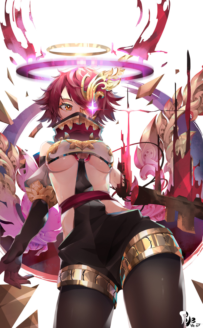 1girl, absurdres, arknights, bangs, bare_shoulders, black_shorts, bleble, breasts