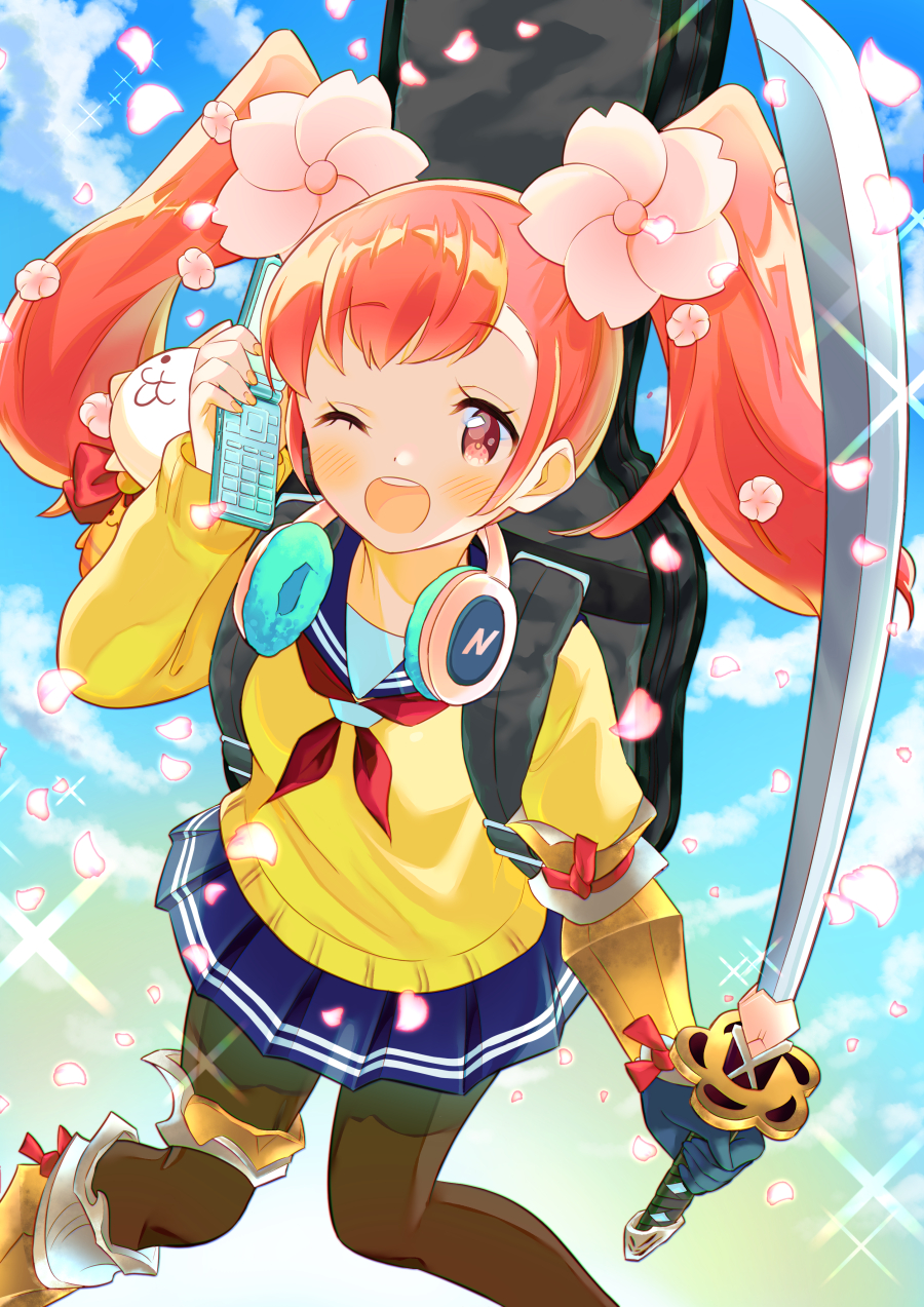 1girl, bangs, black_legwear, blue_sailor_collar, blue_skirt, brown_sweater, cellphone, cherry_blossoms