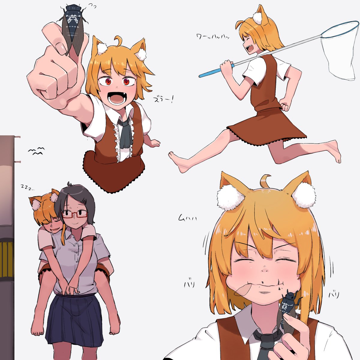 2girls, ahoge, animal, animal_ears, ascot, asymmetrical_hair, bad_id, bad_twitter_id