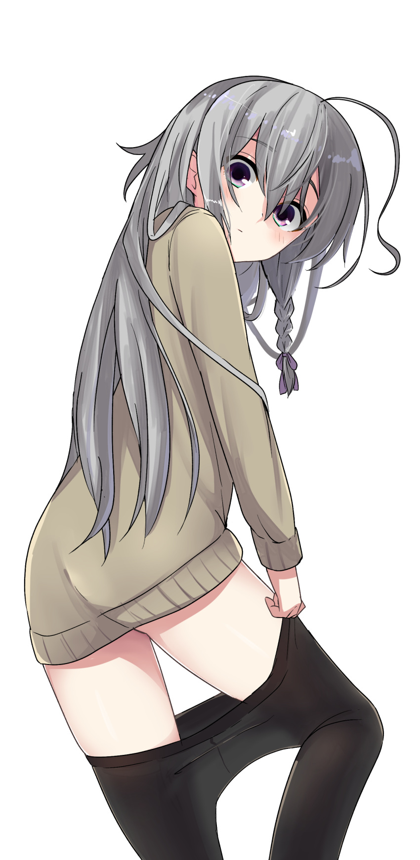 absurdres, ahoge, beige_sweater, braid, cowboy_shot, dressing, expressionless, grey_hair, hair_ribbon, highres, holding, holding_clothes, holding_legwear, hoshi_syoko, idolmaster, idolmaster_cinderella_girls, kagari3, long_hair, long_sleeves, looking_at_viewer, looking_back, no_pants, pantyhose, ribbon, simple_background, very_long_hair, white_background