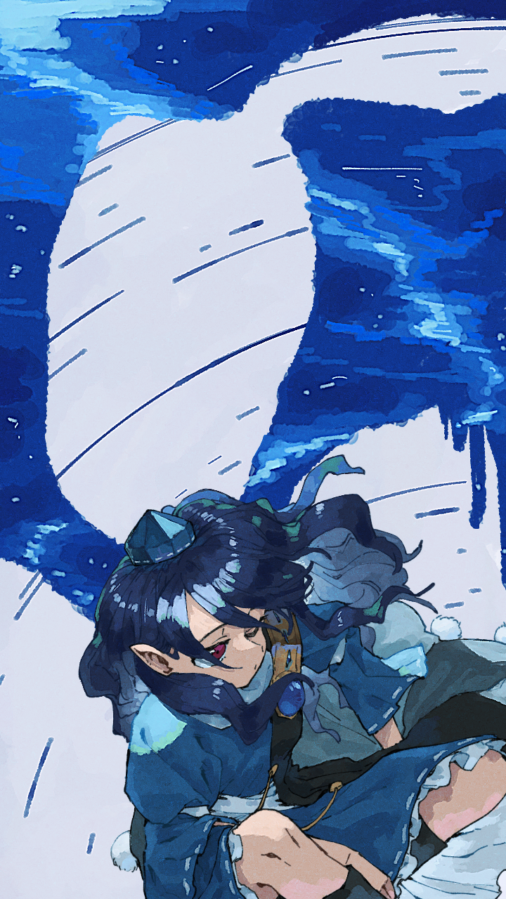 1girl, black_legwear, blue_dress, blue_hair, dress, feet_out_of_frame, frilled_dress, frills