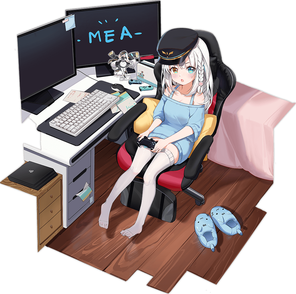 1girl, acrylic_stand, animal_crossing, animal_slippers, ark_order, artist_request, bed_sheet, bedroom, black_headwear, blue_footwear, blue_sweater, bra_strap, braid, cat_slippers, chair, character_name, controller, desk, drawer, faux_figurine, food, food-themed_hair_ornament, full_body, game_console, gaming_chair, hair_ornament, hat, holding, holding_controller, joy-con, kagura_gumi, kagura_mea, kamaboko, keyboard_(computer), long_hair, long_sleeves, looking_at_viewer, military_hat, monitor, mousepad_(object), narutomaki, nintendo_switch, off-shoulder_sweater, off_shoulder, official_art, open_mouth, pillow, playstation_4, side_braid, sitting, slippers, slippers_removed, solo, sticky_note, sweater, thigh-highs, transparent_background, virtual_youtuber, white_hair, white_legwear, wooden_floor