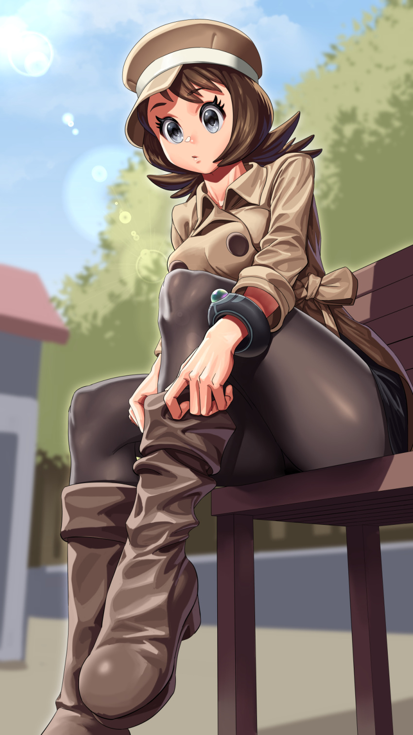 1girl, alternate_costume, alternate_hair_color, alternate_hairstyle, bangs, bench, boots, bracelet