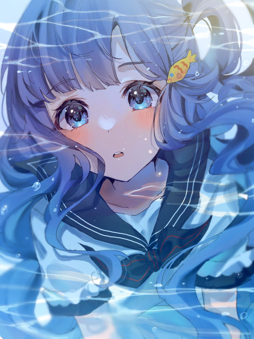 1girl, :o, asari_nanami, bangs, blue_eyes, blue_hair, blunt_bangs, blush