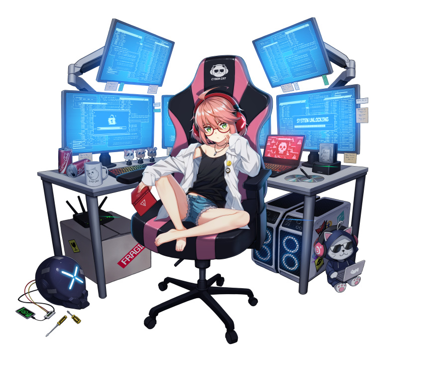1girl, absurdres, ahoge, alpha_transparency, barefoot, bobblehead, brand_name_imitation, cat