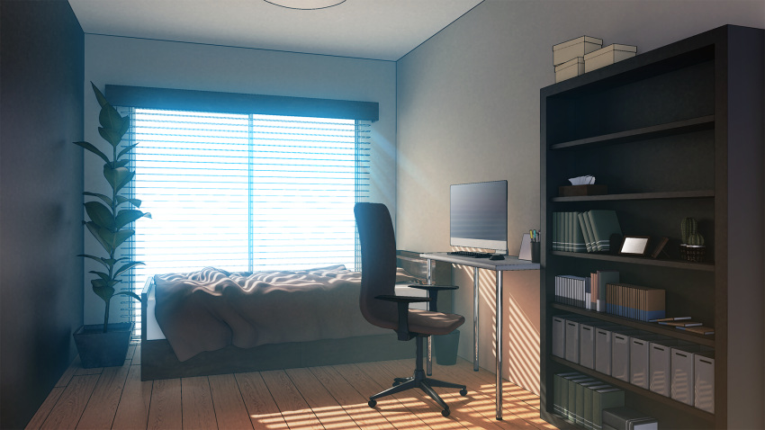 bed, bed_sheet, book, box, chair, commentary_request, computer, day