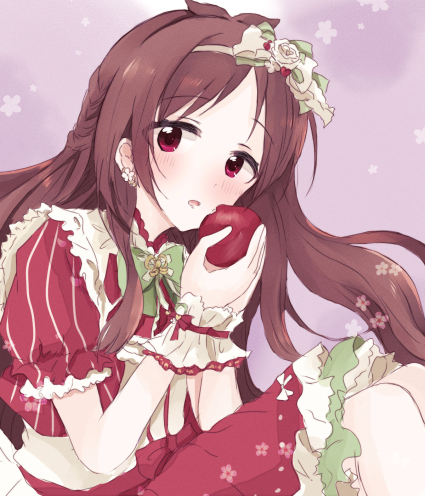 1girl, :o, antenna_hair, apple, ba_ra_ran, bitten_apple, blush, brown_hair