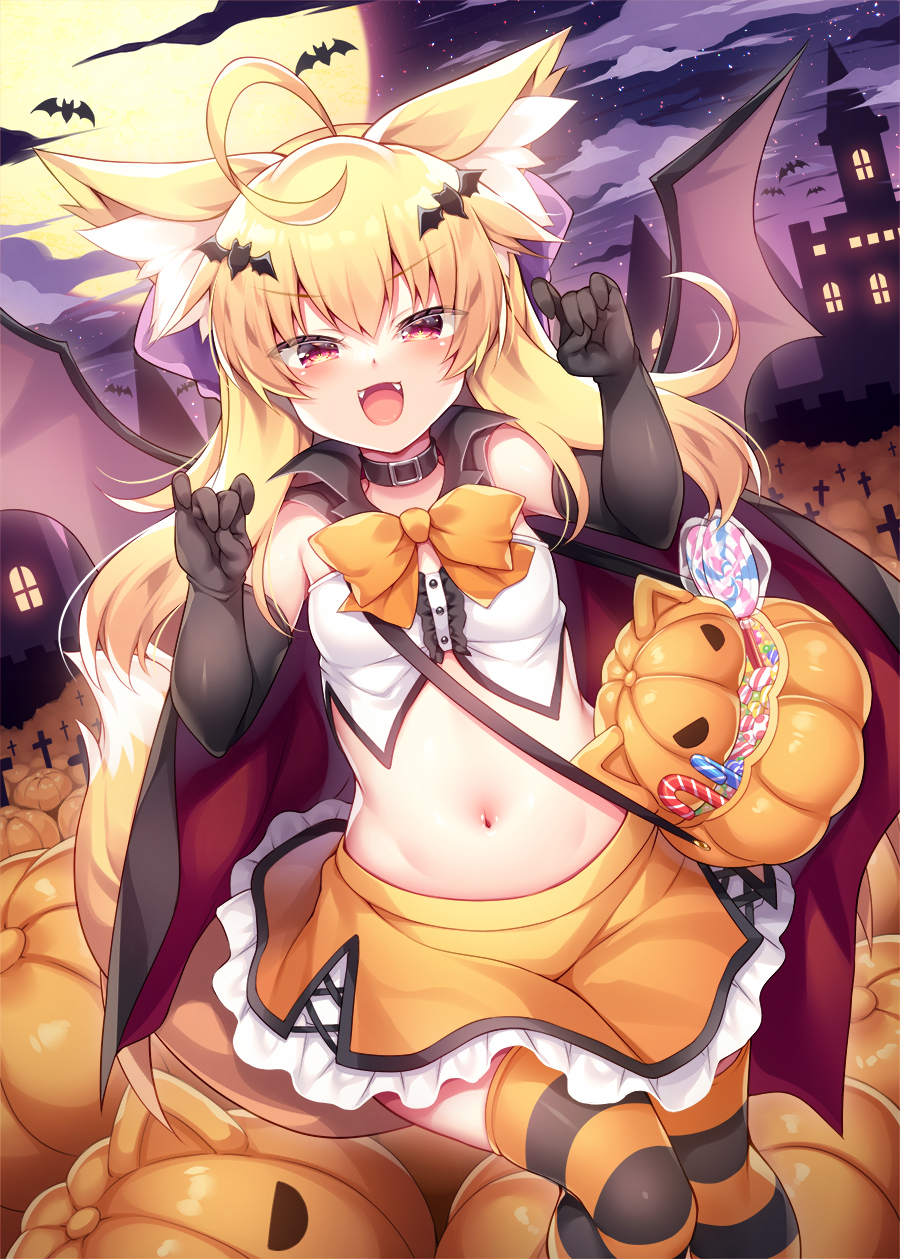 1girl, :d, ahoge, animal_ear_fluff, animal_ears, bat, bat_hair_ornament, bat_wings