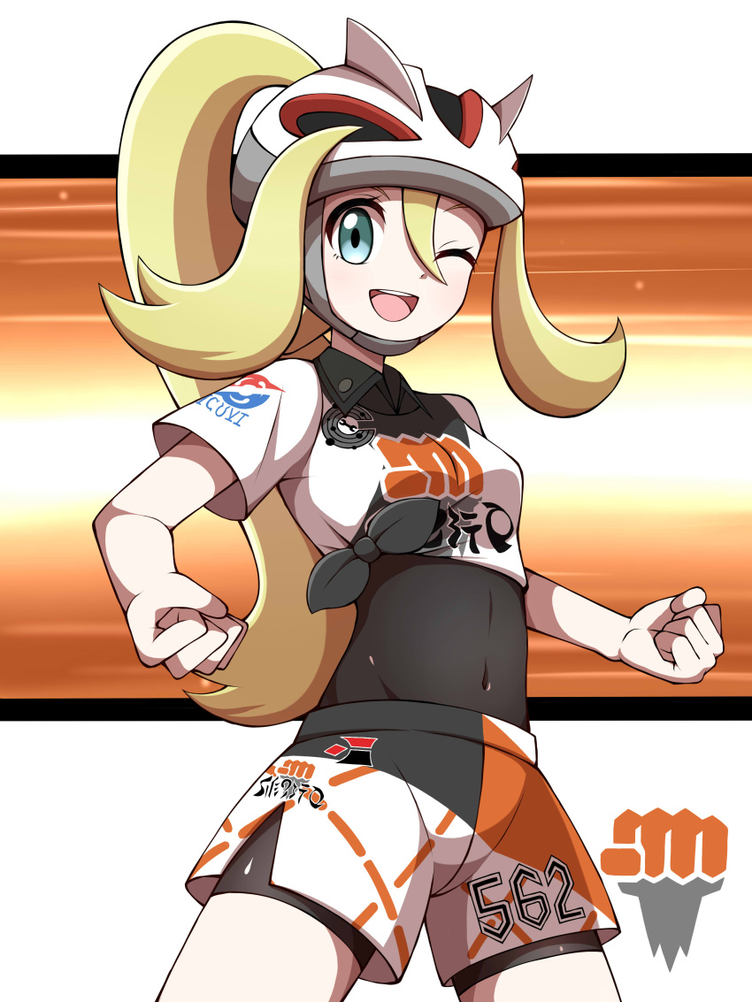 1girl, ;d, absurdres, bea_(pokemon), bea_(pokemon)_(cosplay), bicycle_helmet, black_bodysuit, blonde_hair