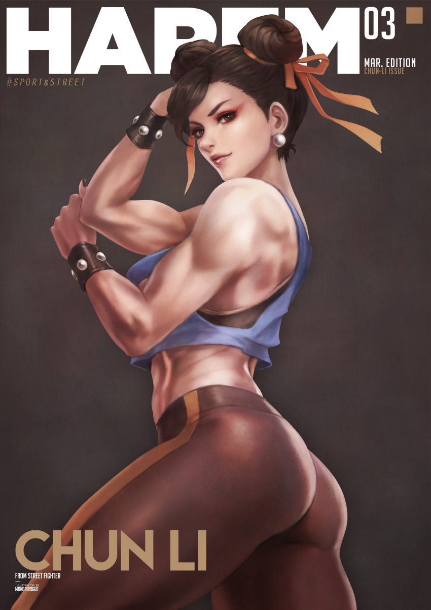 1girl, absurdres, adapted_costume, ass, biceps, black_hair, black_nails, black_pants