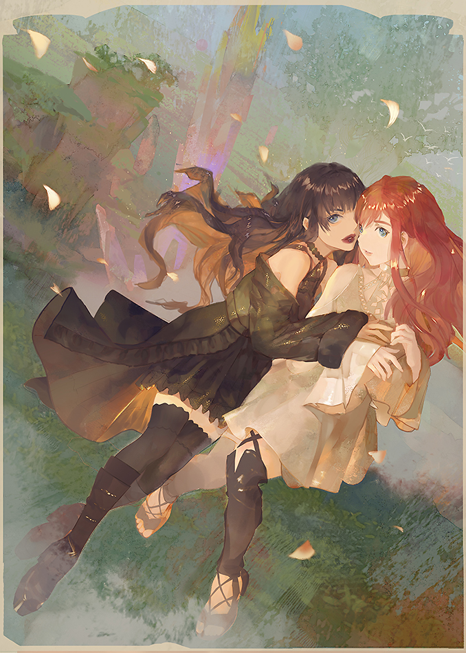 2girls, bangs, bare_shoulders, black_dress, black_hair, black_legwear, blue_eyes, boots