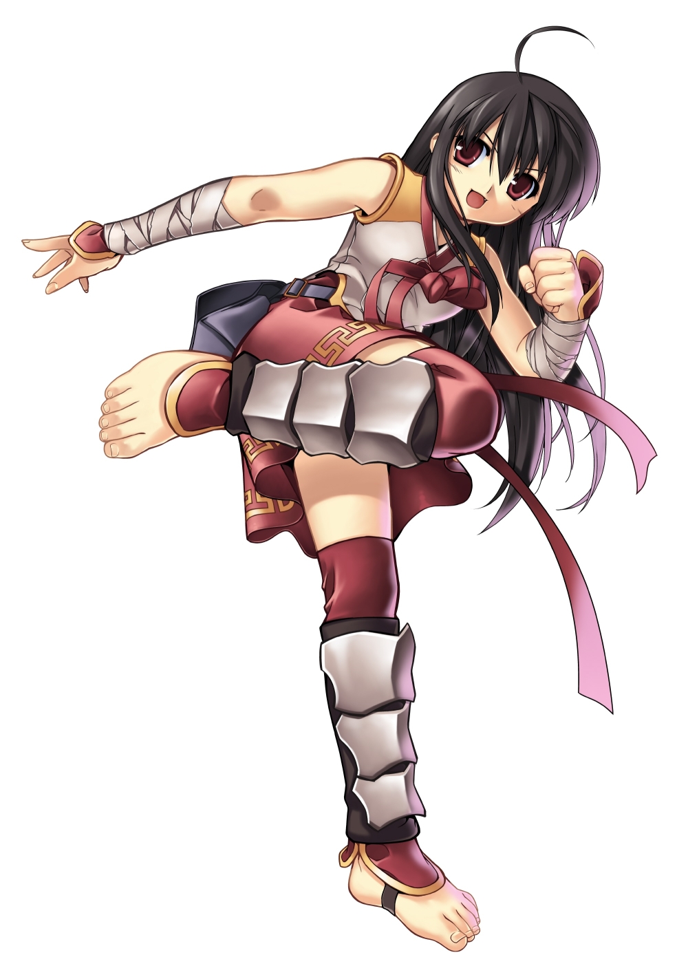 black_hair, fangs, feet, highres, kicking, ragnarok_online, red_eyes, taekwon, taekwon_girl, thighhighs, toes