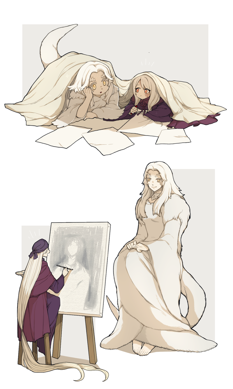 2girls, absurdly_long_hair, ashes_of_ariandel, dark_souls_(series), dark_souls_i, dark_souls_iii, donar0217, dragon_girl, height_difference, highres, long_hair, multiple_girls, orange_eyes, painting, painting_(object), painting_woman, priscilla_the_crossbreed, tail, third-party_source, very_long_hair, white_hair, yellow_eyes