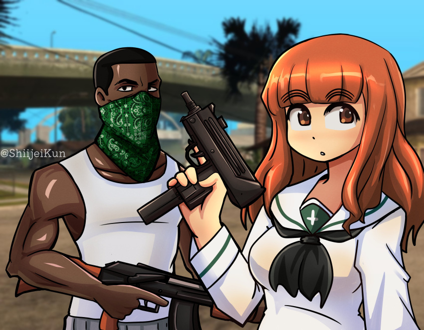 1boy, 1girl, absurdres, ak-47, assault_rifle, breasts, brown_eyes, carl_johnson