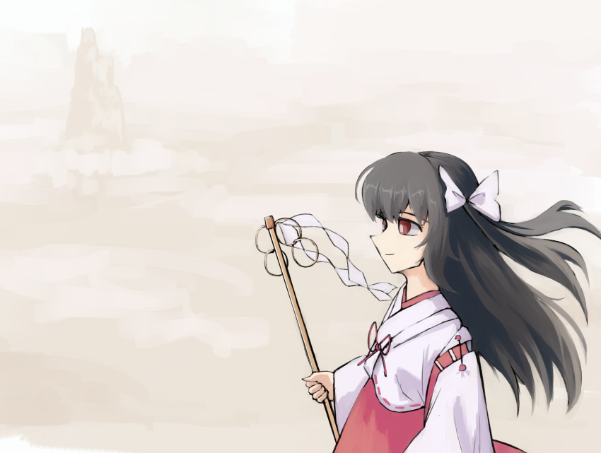 1girl, bangs, black_hair, bow, character_request, dd_tachibana, detached_sleeves, gohei, highres, japanese_clothes, long_hair, miko, original, red_eyes, red_ribbon, red_skirt, ribbon, shirt, side_ponytail, skirt, smile, touhou, white_bow, white_shirt, white_sleeves, wide_sleeves