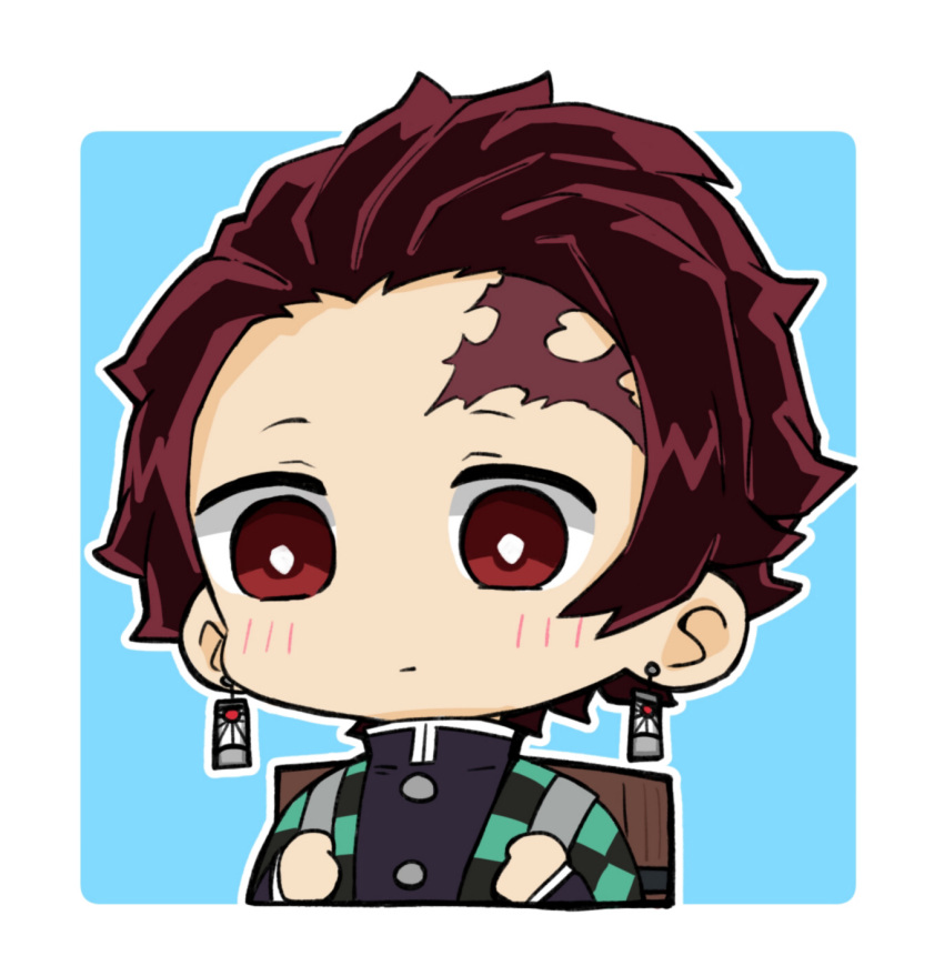1boy, backpack, bag, black_jacket, blue_background, blush, brown_eyes, brown_hair, checkered, closed_mouth, cropped_torso, earrings, highres, hitomiz, jacket, jewelry, kamado_tanjirou, kimetsu_no_yaiba, male_focus, open_clothes, outline, scar, scar_on_face, scar_on_forehead, solo, two-tone_background, upper_body, white_background, white_outline