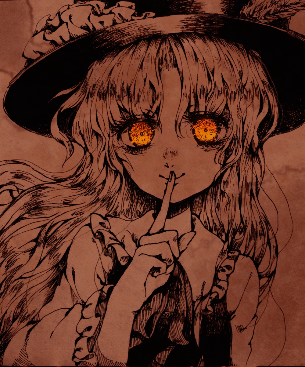 1girl, ancient, bangs, brown_headwear, brown_vest, extra, frilled_hat, frilled_shirt_collar