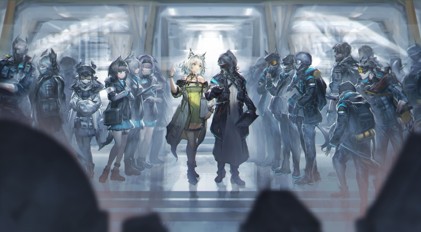 1other, 5girls, 6+boys, absurdres, ambiguous_gender, animal_ears, ankleband, arknights, arm_around_shoulder, armband, bird_ears, black_bag, black_coat, black_footwear, black_gloves, black_hairband, black_jacket, blue_hair, boots, brown_hair, cat_ears, cat_girl, cat_tail, clipboard, coat, commentary, cow_ears, cow_horns, crossed_arms, doctor_(arknights), dog_ears, dress, fine_art_parody, gloves, goggles, green_dress, green_eyes, green_hair, grey_hair, hair_over_one_eye, hairband, hand_up, headset, highres, holding, holding_clipboard, hood, hood_up, horns, index_finger_raised, infection_monitor_(arknights), jacket, jell_(jell_y_fish), kal'tsit_(arknights), long_sleeves, looking_at_another, mask, medic_(arknights), multicolored_hair, multiple_boys, multiple_girls, off-shoulder_dress, off_shoulder, oripathy_lesion_(arknights), own_hands_together, parody, pith_(arknights), reserve_operator_(arknights), rhodes_island_logo, scenery, sharp_(arknights), shoes, short_hair, stethoscope, stormeye_(arknights), streaked_hair, symbol-only_commentary, tail, the_school_of_athens, touch_(arknights), v-shaped_eyebrows, watch, watch, white_jacket